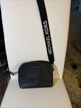 Michael Kors Black Crossbody Camera Bag with Logo Webbing Strap
